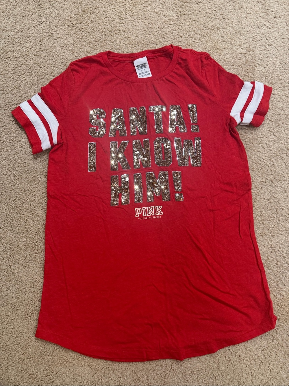 Victoria's Secret PINK Red Sequin 'SANTA! I KNOW HIM!' Kids Tee